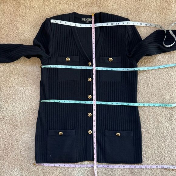 St. John Collection Black Santana Knit Sweater Blazer Gold Buttons Pockets Sz 8 - Picture 8 of 10
